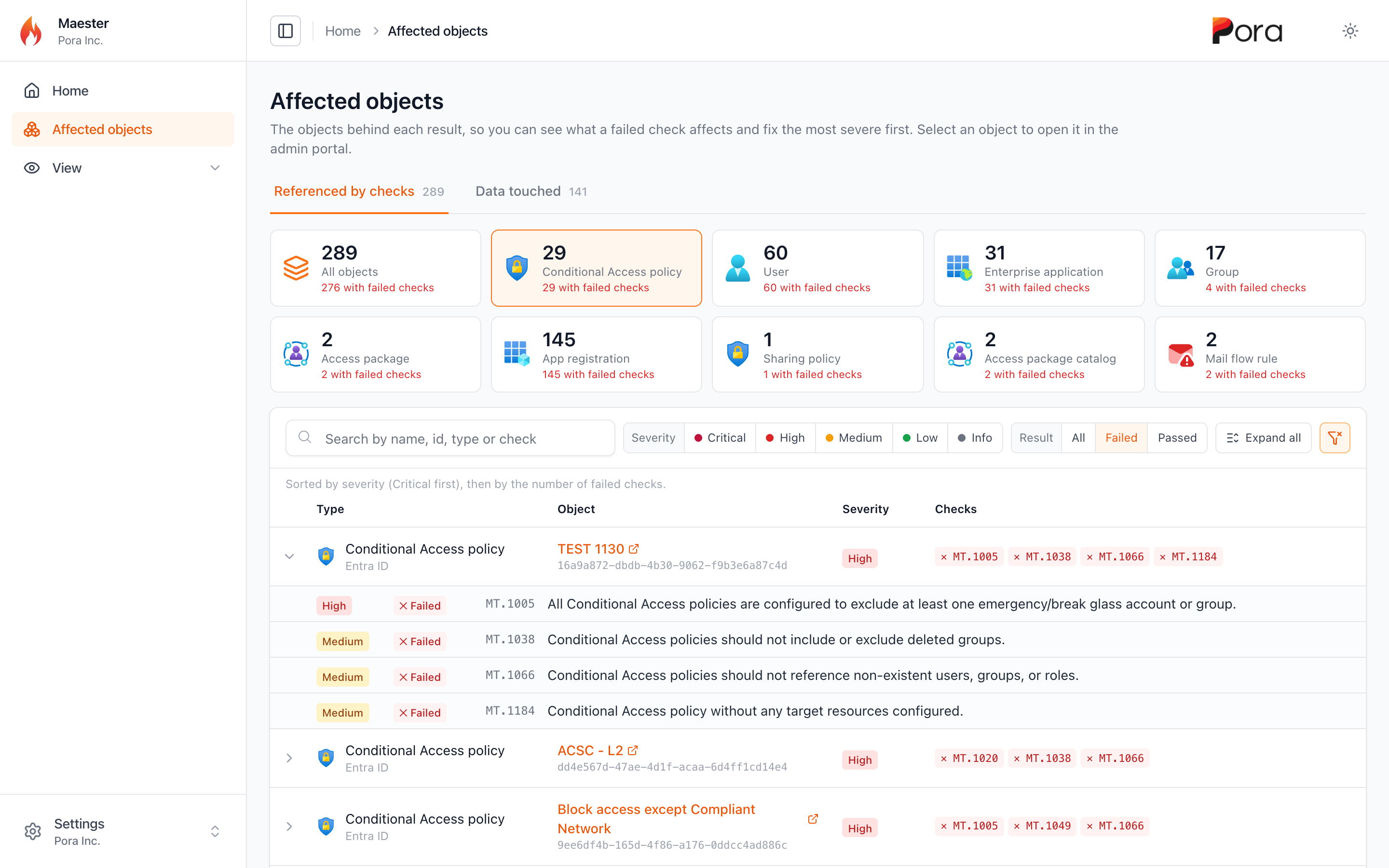The Affected objects page showing only Conditional Access policies, filtered to failed checks, with one policy expanded to show its four failed checks