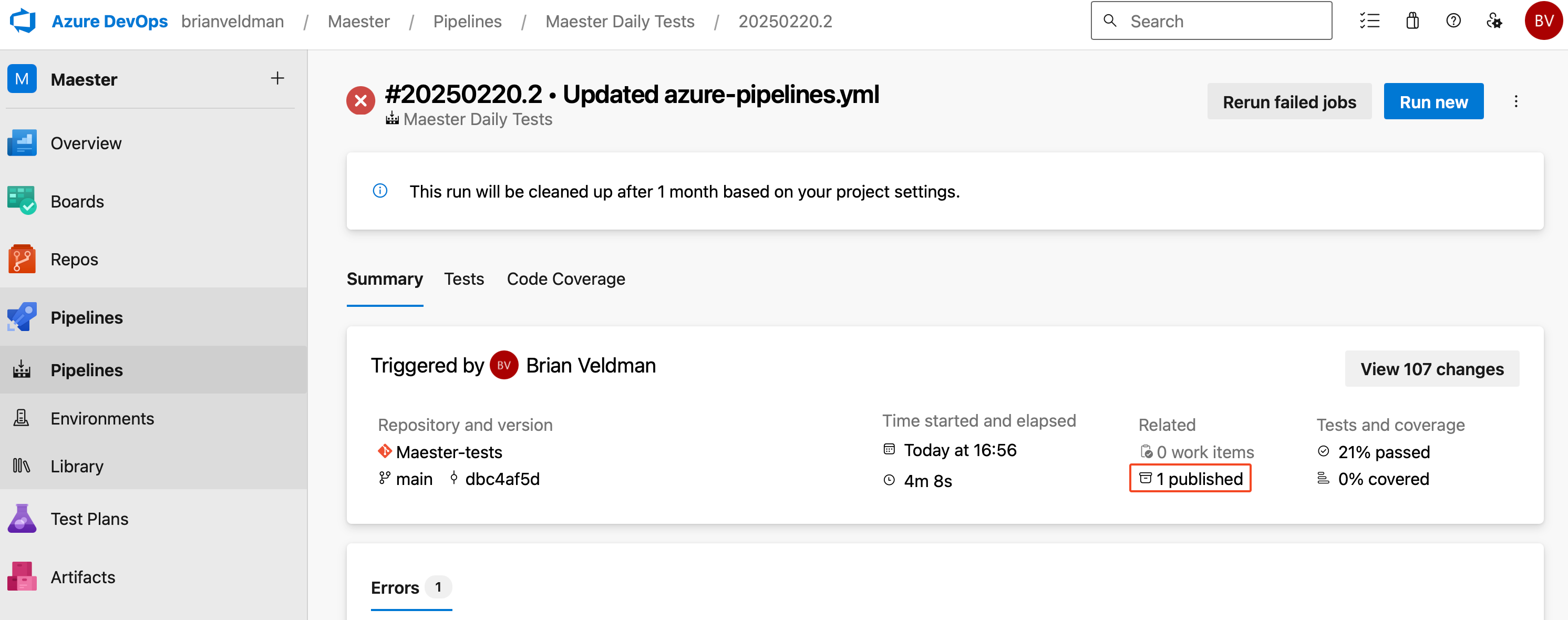 Screenshot of Azure DevOps Pipeline Run Summary Page