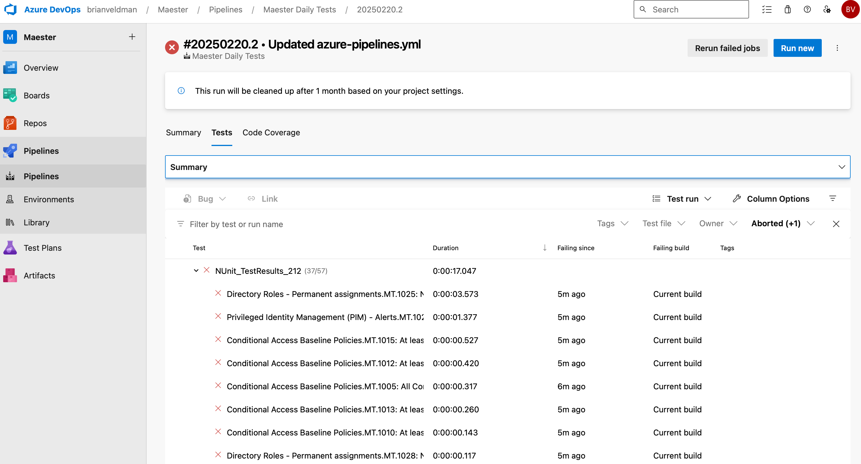 Screenshot of Azure DevOps Pipeline Tests Page