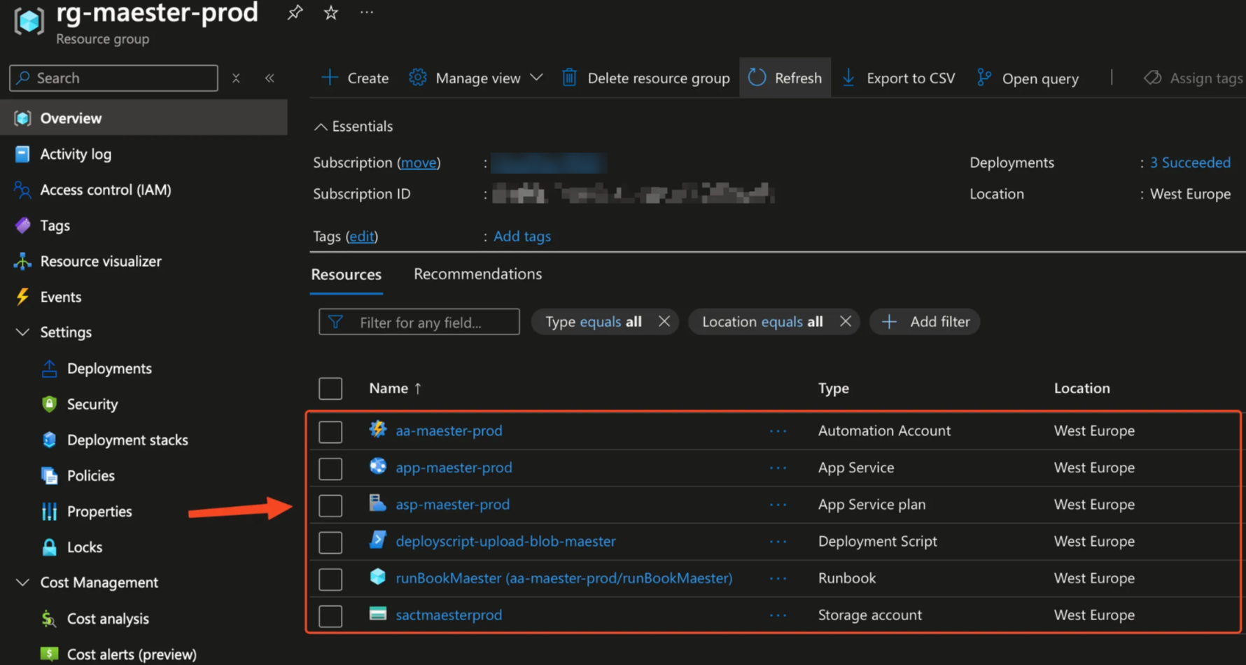 Screenshot of the Maester Azure resources