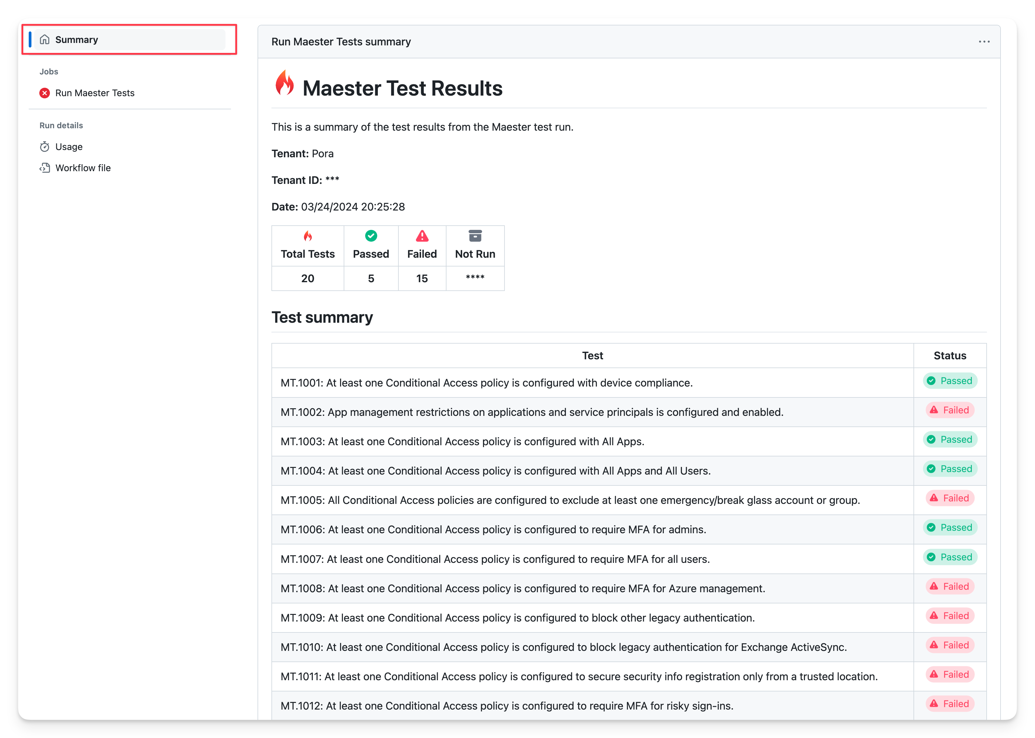 Screenshot of Maester report in the GitHub Summary Page